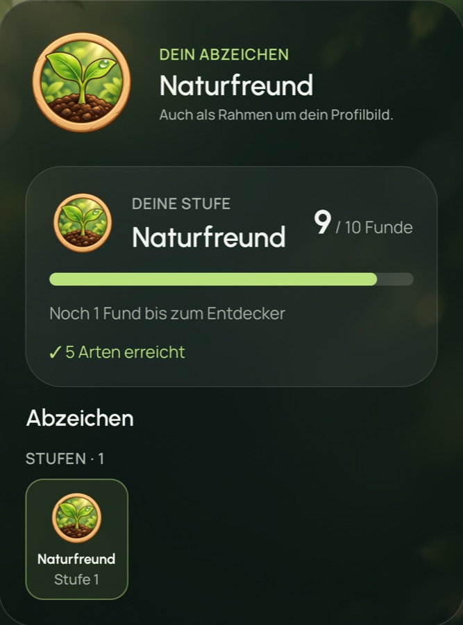 Profil mit dem Abzeichen „Naturfreund“: 9 von 10 Funden bis zum Entdecker